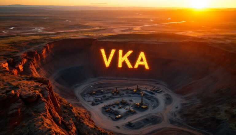 Viking Mines Ltd-VKA-Open-pit mine at sunset with "VKA" glowing on the cliff.