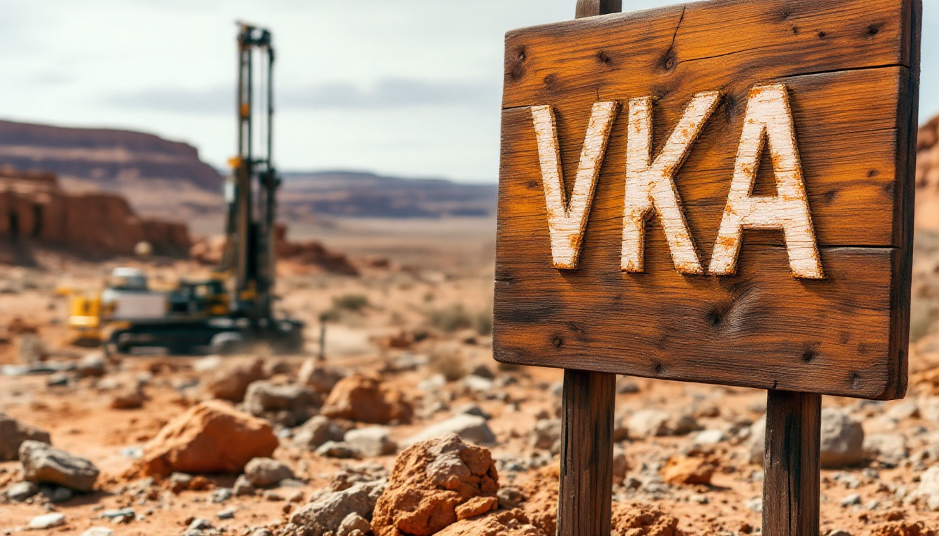 Viking Mines Ltd-VKA-Weathered sign with "VKA" in desert landscape, with drilling rig in the blurry background.