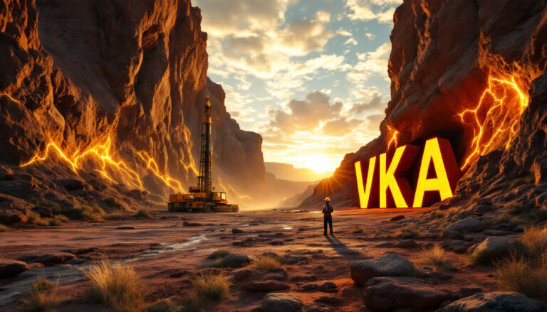 Viking Mines Ltd-VKA-Sunlit canyon with giant letters "VKA", drill machine, and person in foreground.