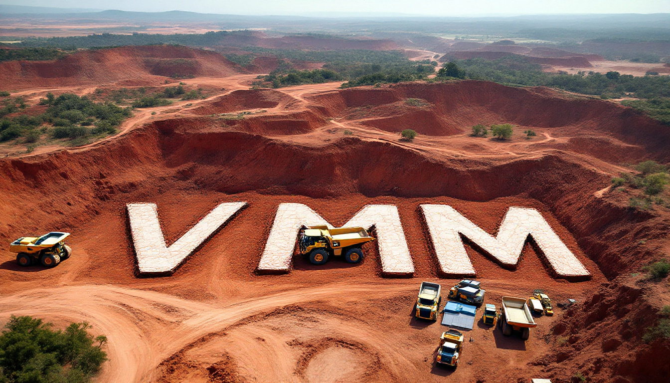 Viridis Mining and Minerals Ltd-VMM-Giant VMM letters carved into red dirt with construction vehicles nearby.