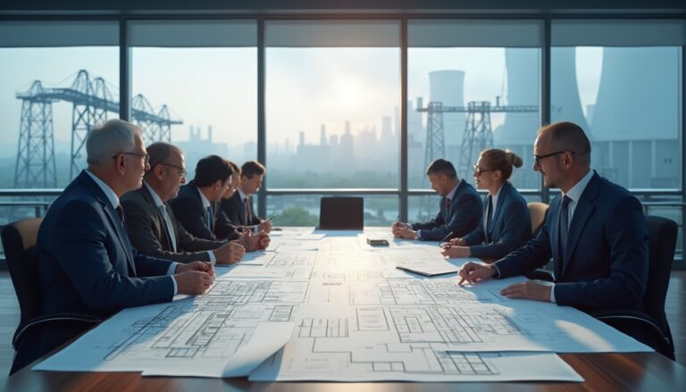 Business meeting with people reviewing large architectural blueprints in a modern conference room.