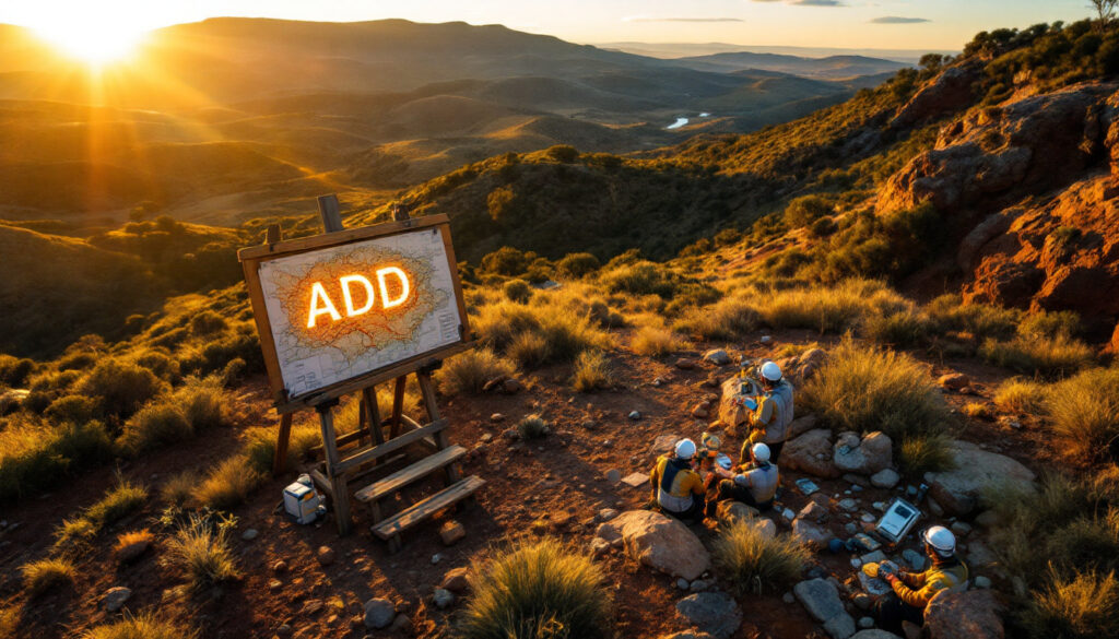 Adavale Resources Ltd-ADD-Researchers in helmets analyzing data near a sign with "ADD" against a desert sunset backdrop.