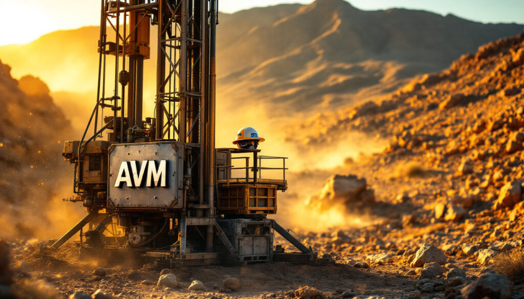 Advance Metals Ltd-AVM-Drilling rig with "AVM" logo in a desert landscape, mountains in the background.