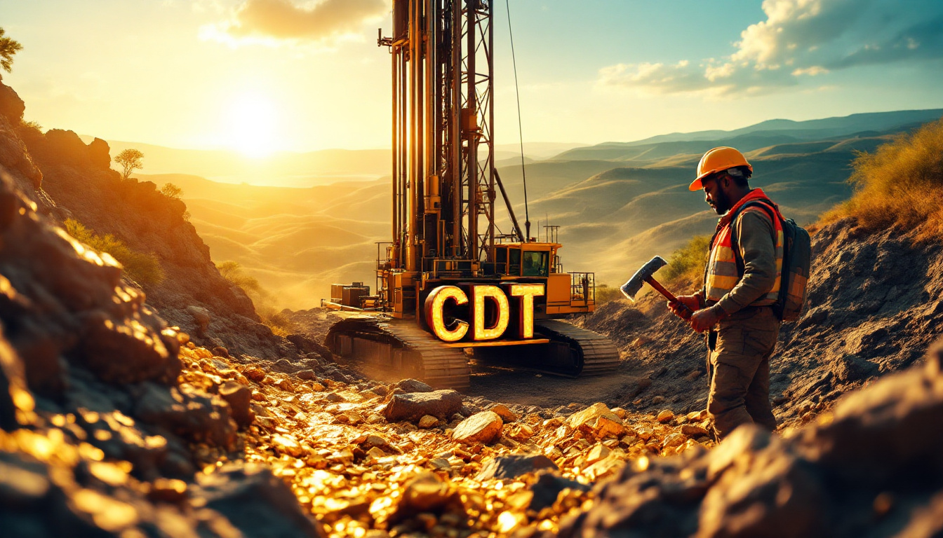 Castle Minerals Ltd-CDT-Miner examining rocks near a drilling rig with "CDT" text, under a bright sunset sky.