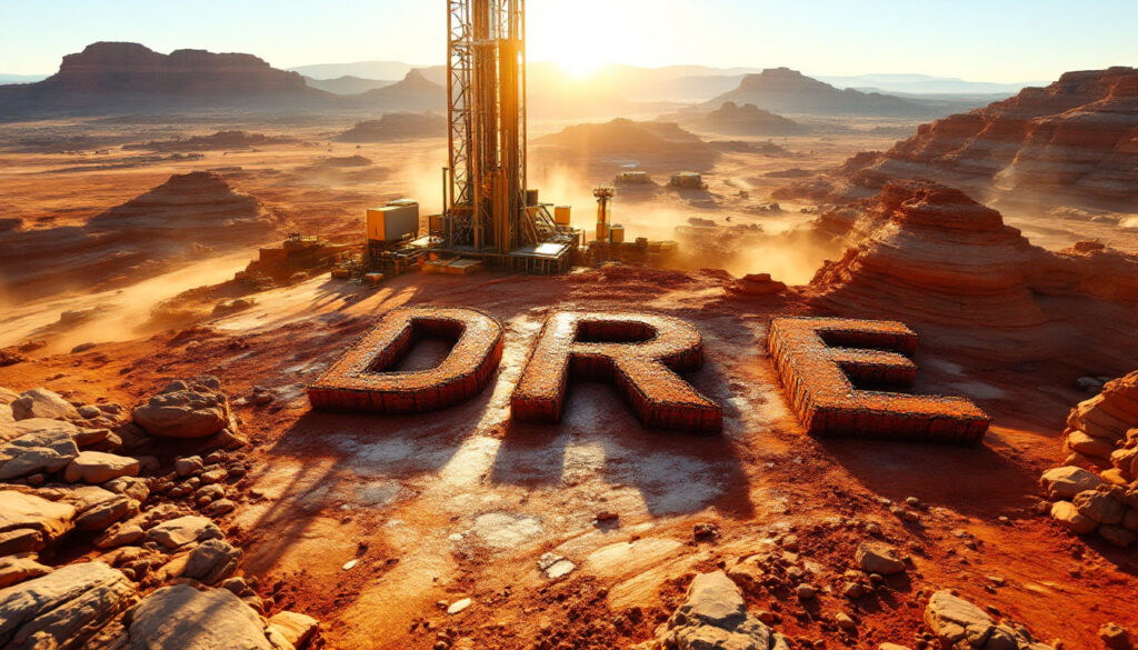 Dreadnought Resources Ltd-DRE-Desert landscape with large letters "DRE" formed in the sand, under a setting sun.