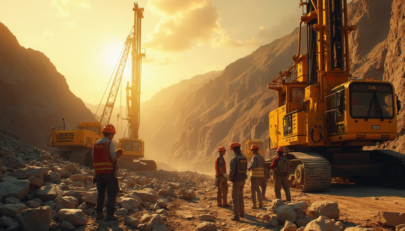 Mining site at sunrise with workers.