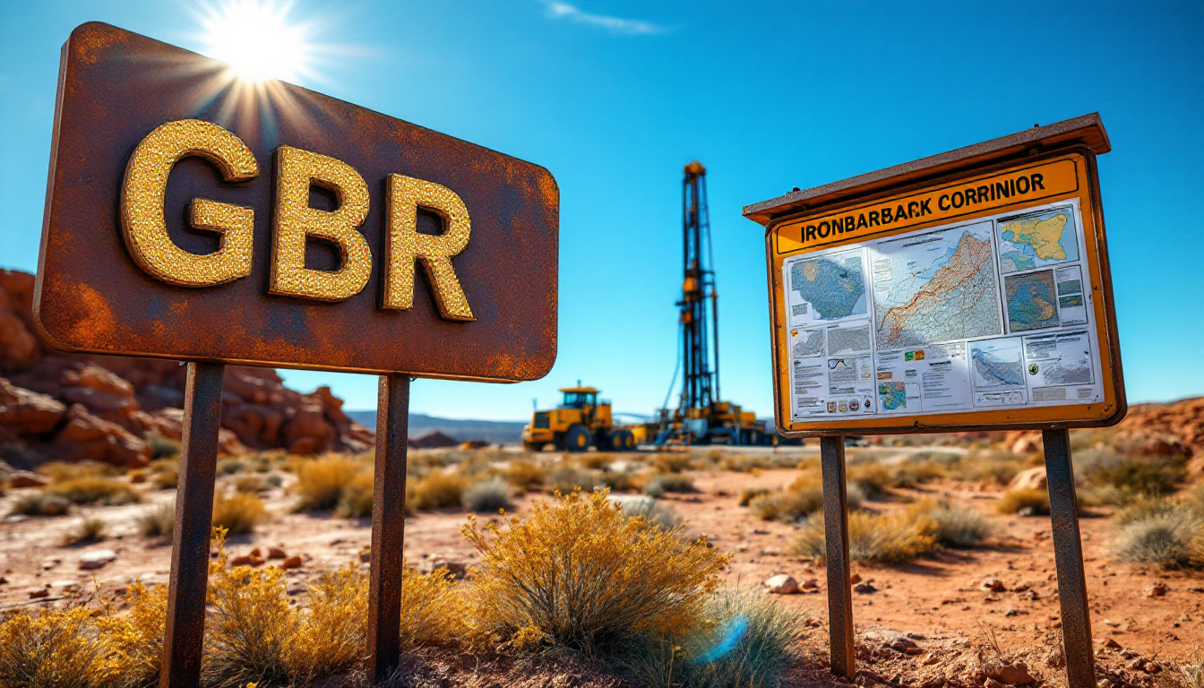 Great Boulder Resources Ltd-GBR-Desert landscape with rusted "GBR" sign, geological map, and drilling site under a bright blue sky.