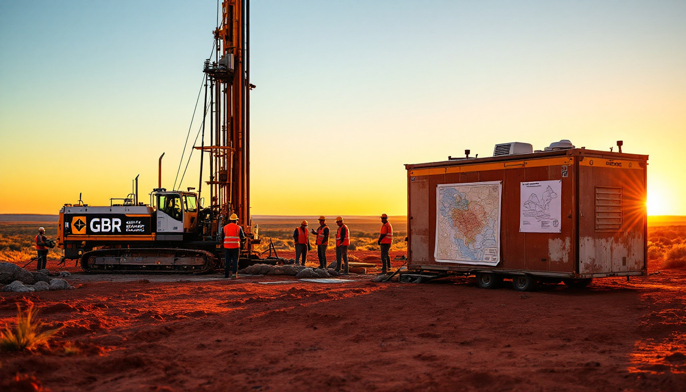 Great Boulder Resources Ltd-GBR-Drilling rig and workers in hard hats and vests at a sunset-lit construction site.