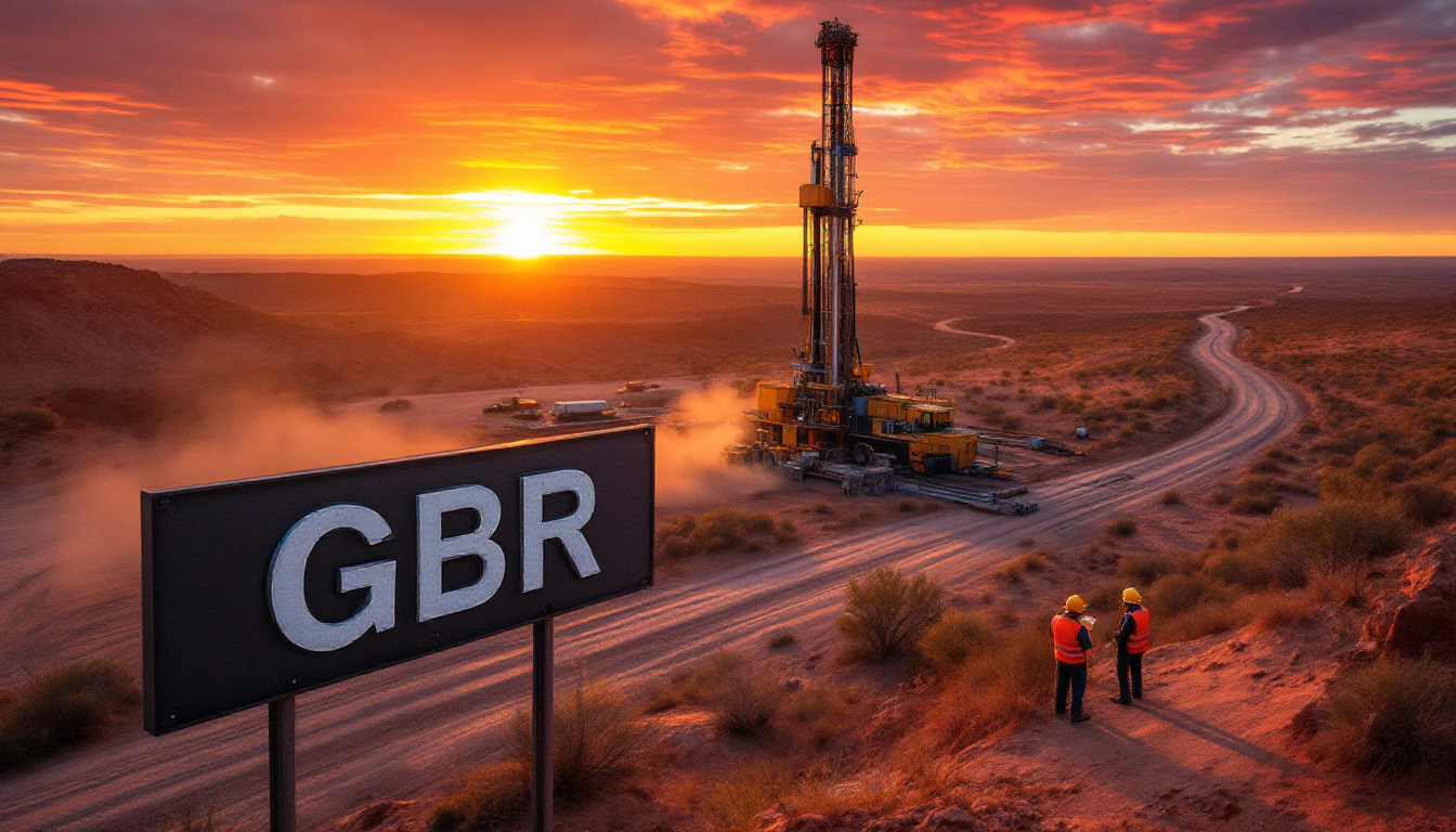 Great Boulder Resources Ltd-GBR-Two workers near a drilling rig at sunset, with a sign displaying "GBR" in the foreground.