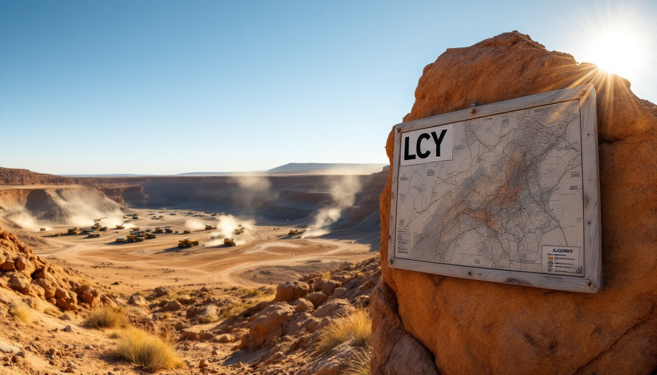 Legacy Iron Ore Ltd-LCY-Map labeled "LCY" on a rock overlooks a dusty construction site with machinery under a bright sun.