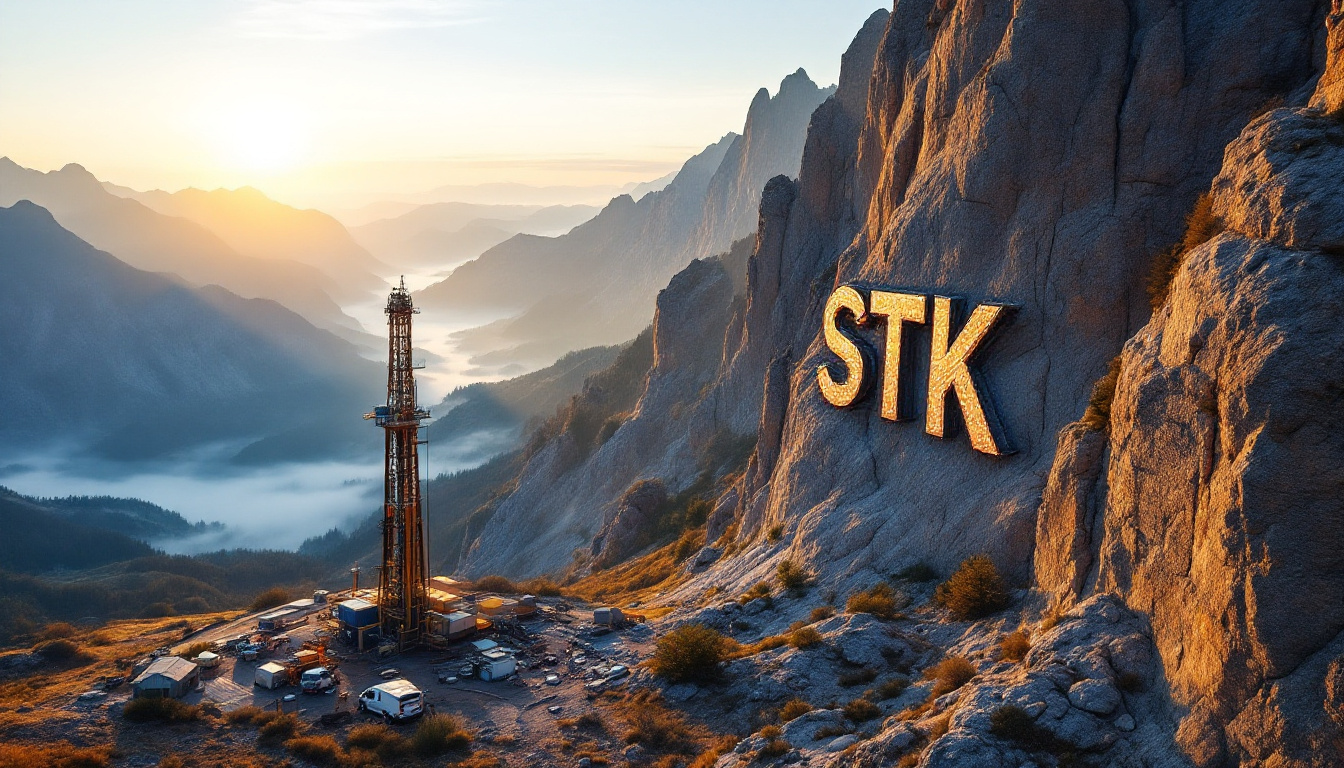 Strickland Metals Ltd-STK-Mountain landscape with an oil rig and large "STK" letters on a cliff at sunrise.