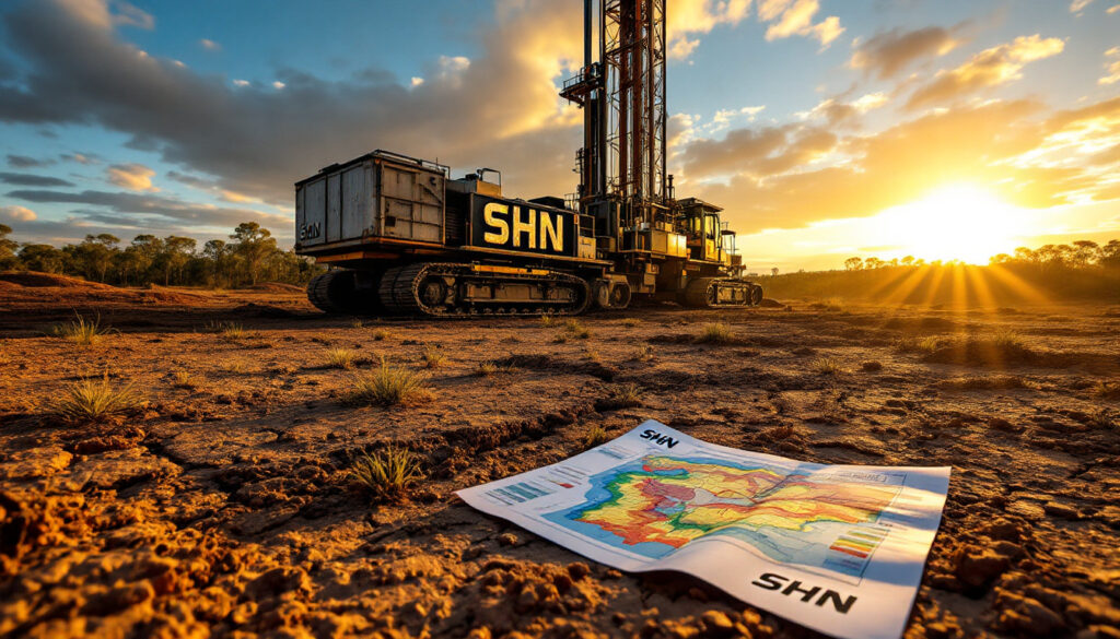 Sunshine Metals Ltd-SHN-Mining equipment and a map in a sunlit landscape with a dramatic sky.