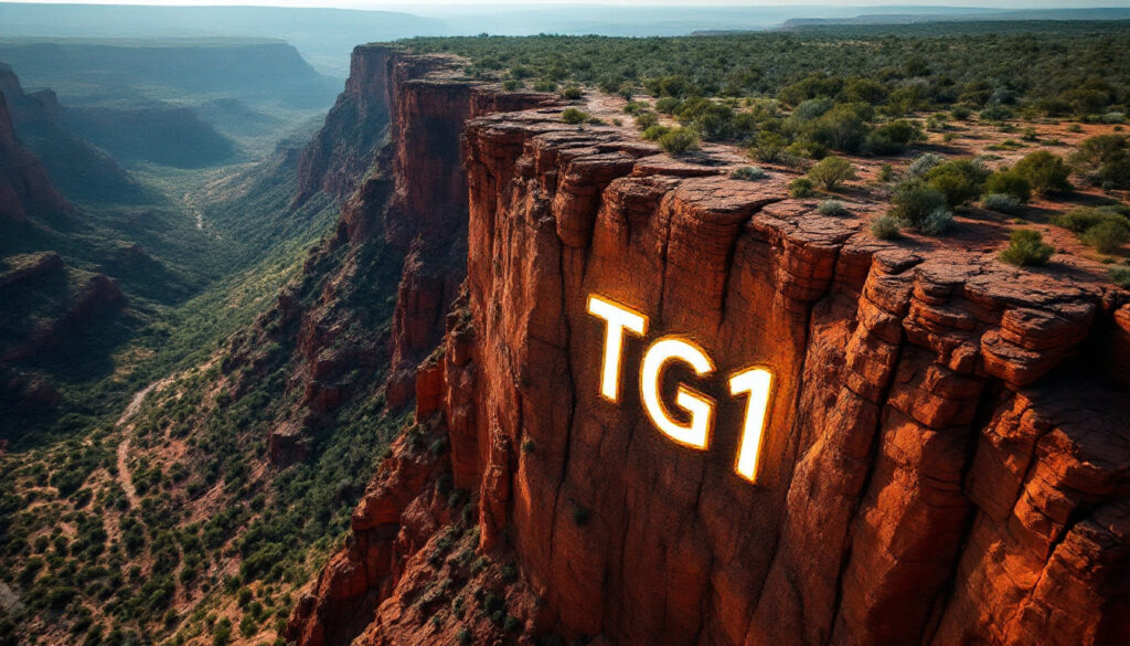 Techgen Metals Ltd-TG1-Rocky cliff with "TG1" glowing, overlooking a vast canyon landscape.