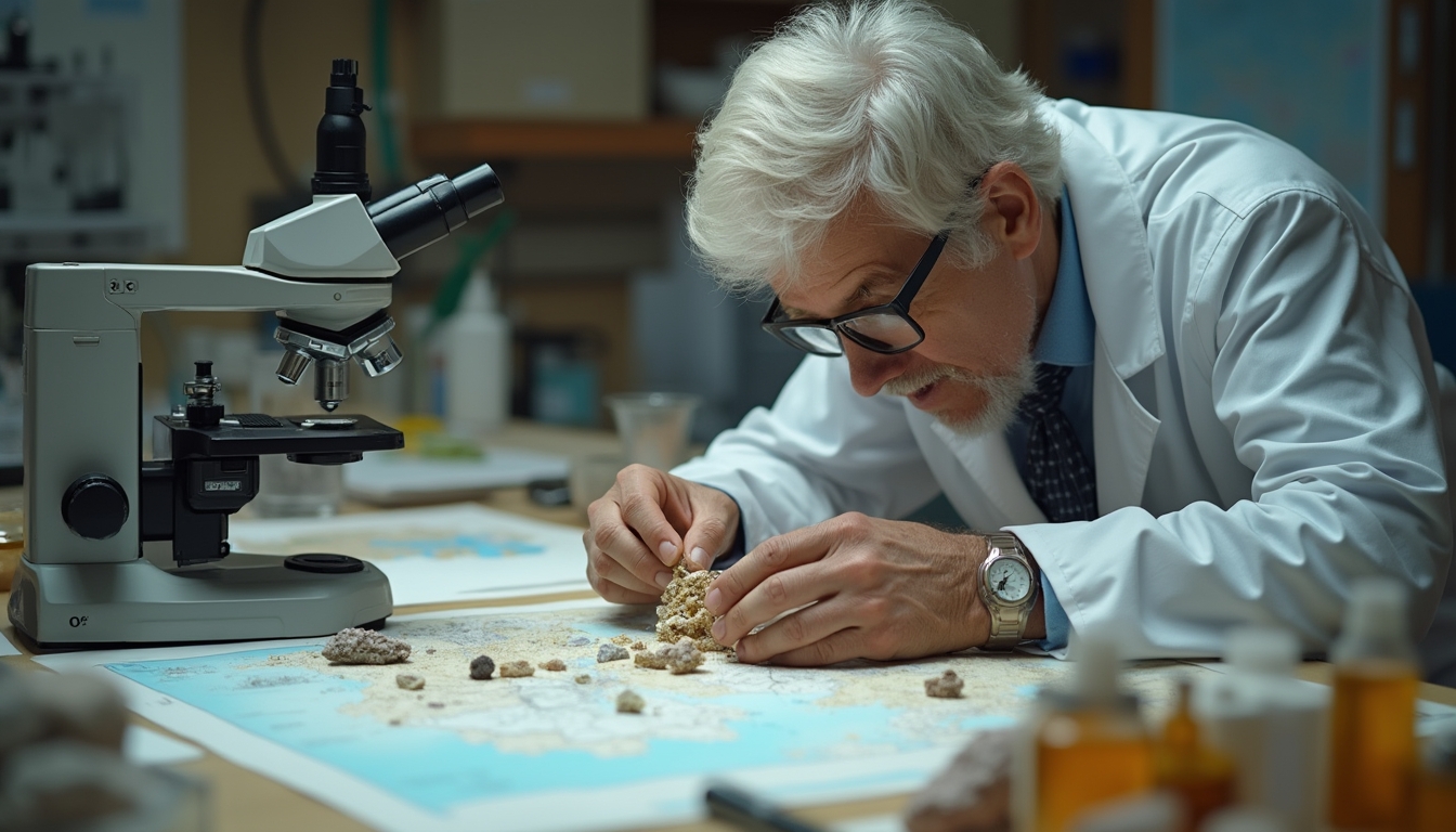 Researcher analyzing rocks in lab.