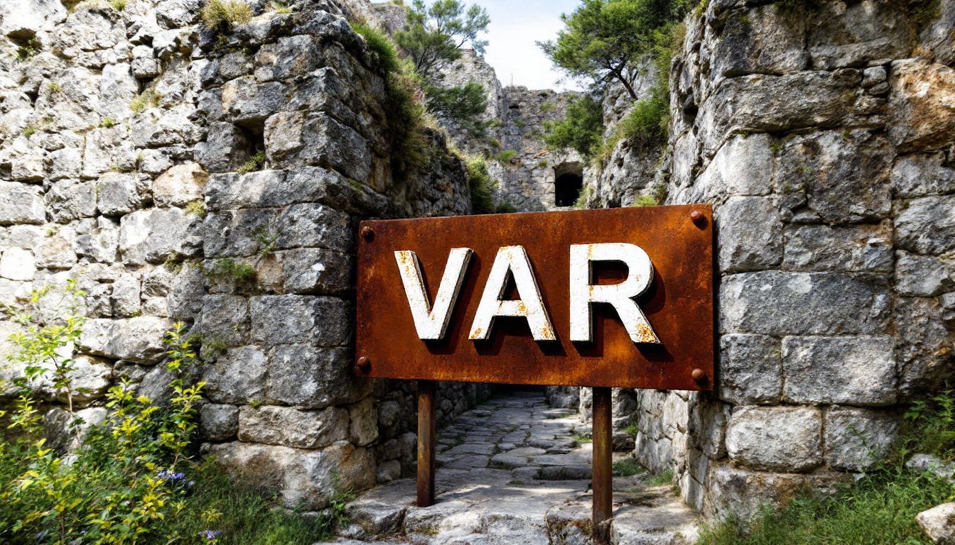 Variscan Mines Ltd-VAR-Rusty sign with "VAR" in front of ancient stone ruins and greenery.