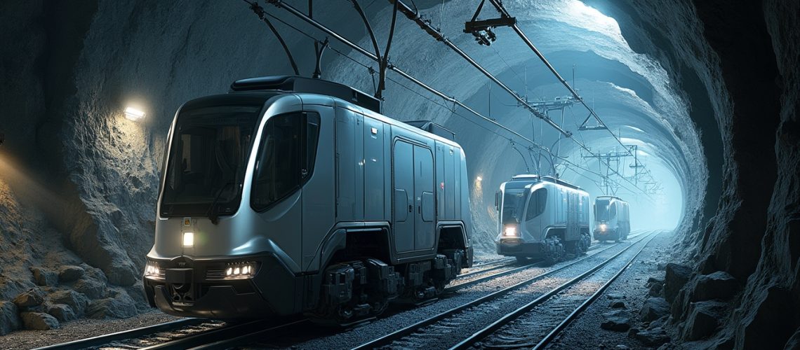 Futuristic electric trains in a dimly lit underground tunnel.