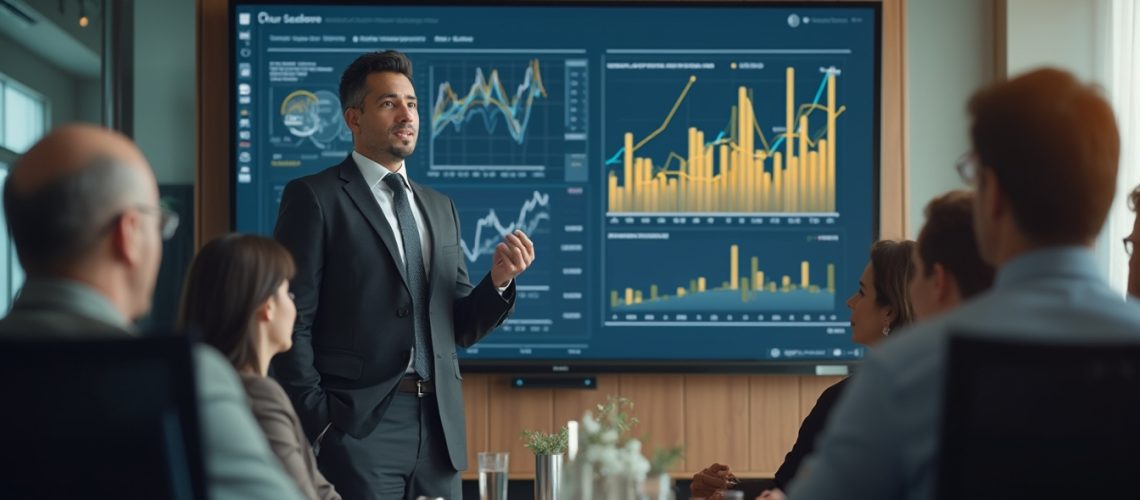 Man in a suit presents data charts to a seated group in a boardroom setting.