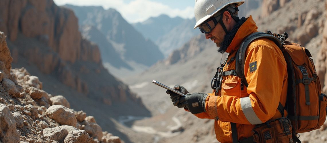 Miner examining data in rugged terrain.