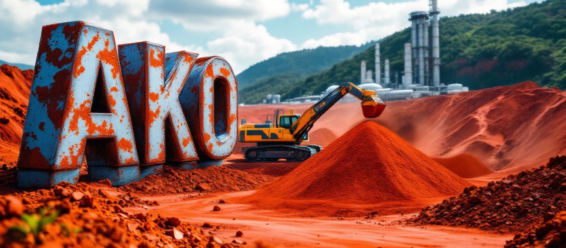 Akora Resources Ltd-AKO-Excavator beside giant rusted letters "AKO" in a red clay landscape with industrial backdrop.