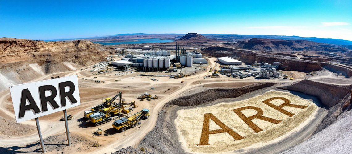 American Rare EARTHS-ARR-Desert landscape with industrial facility and "ARR" carved into the ground and displayed on a sign.