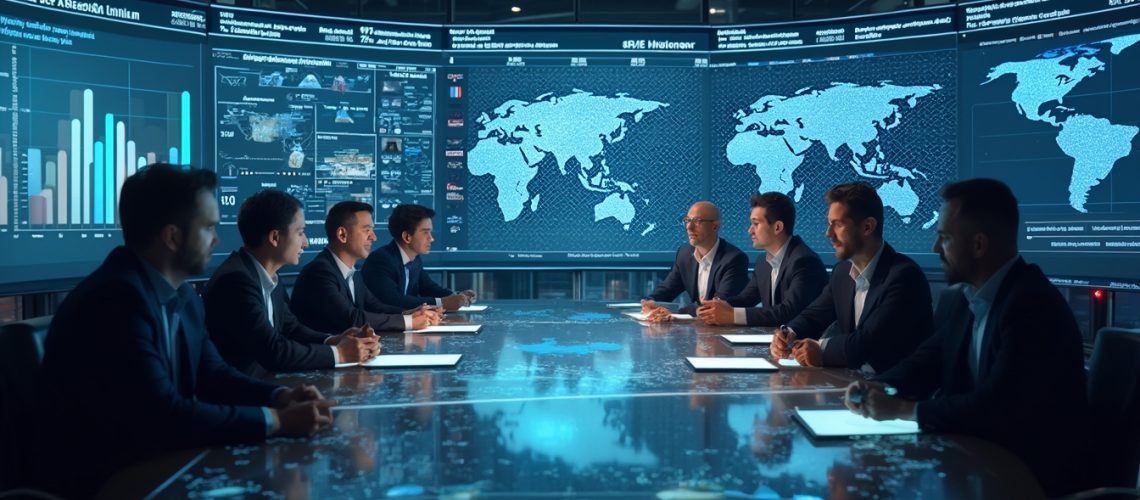 Business meeting with world maps and data charts on large screens in a modern conference room.