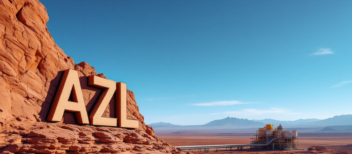 Arizona Lithium Ltd-AZL-Large "AZL" letters on a rocky hill, with an industrial plant and mountain range in the distance.