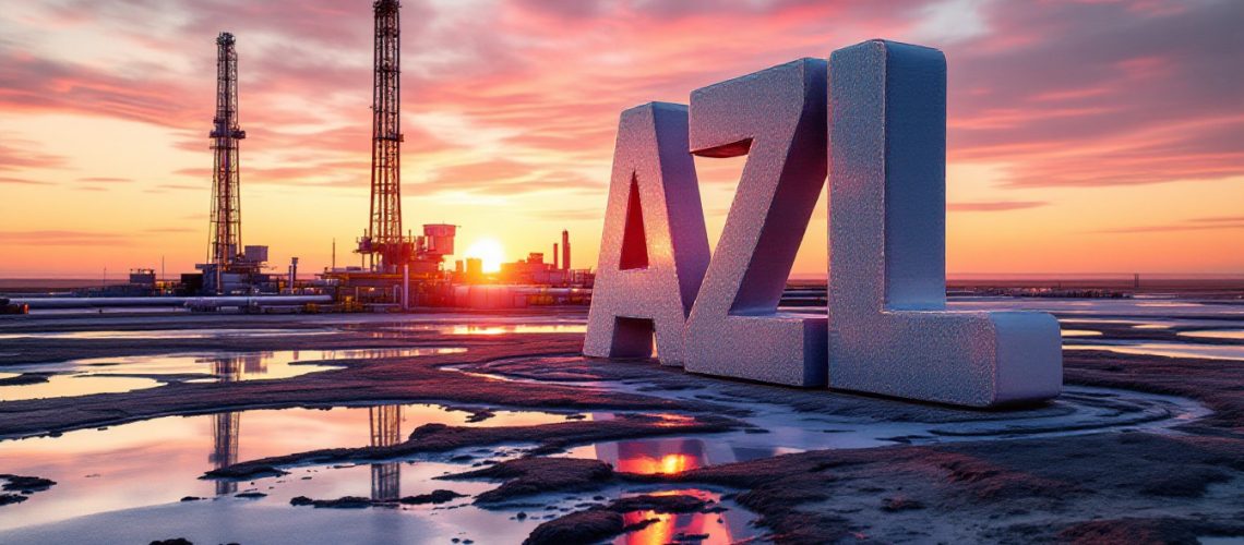 Arizona Lithium Ltd-AZL-AZL letters with oil rigs at sunset, reflecting in wet sand.