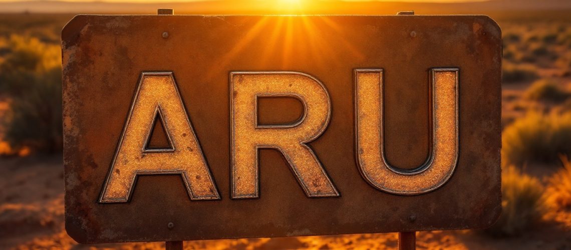 Aruma Resources Ltd-AAJ-Rusted metal sign with "ARU" in desert landscape at sunset.