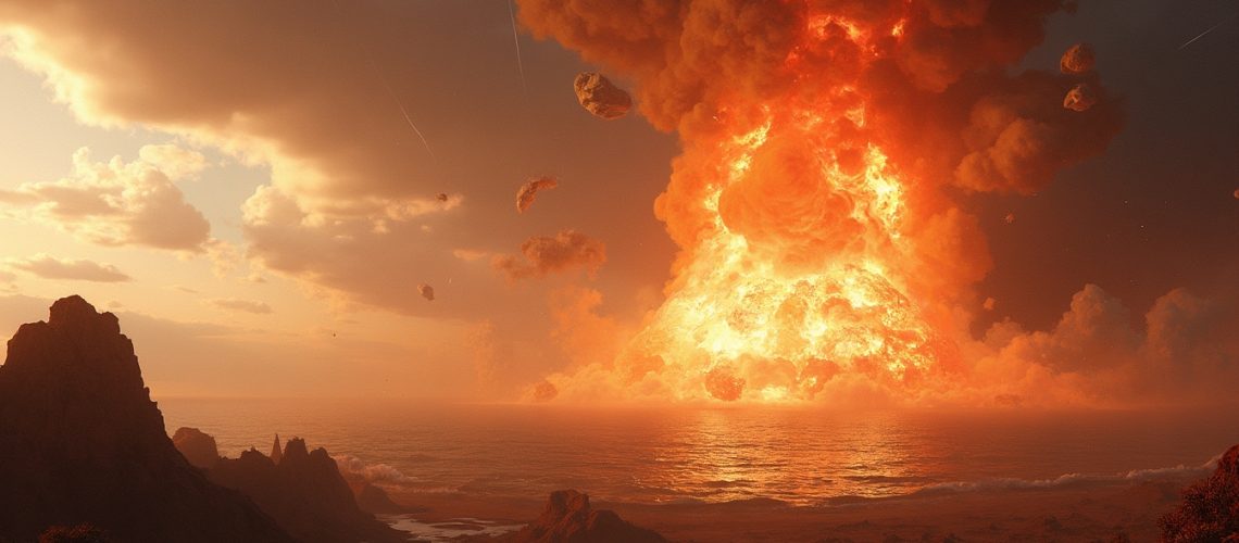 Massive volcanic eruption casting fiery glow over ocean and rugged landscape at sunset.