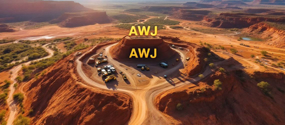 Auric Mining Ltd-AWJ-Aerial view of a desert landscape with machinery on a red plateau, labeled "AWJ."