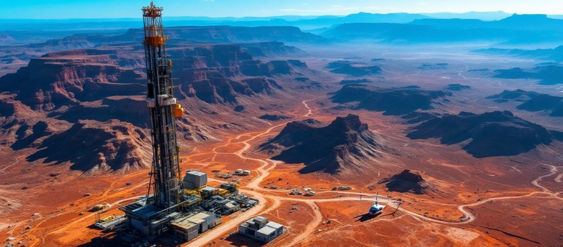 Australian Gold and Copper Ltd-AGC-Oil rig in a vast red desert landscape with distant mesas under a clear blue sky.