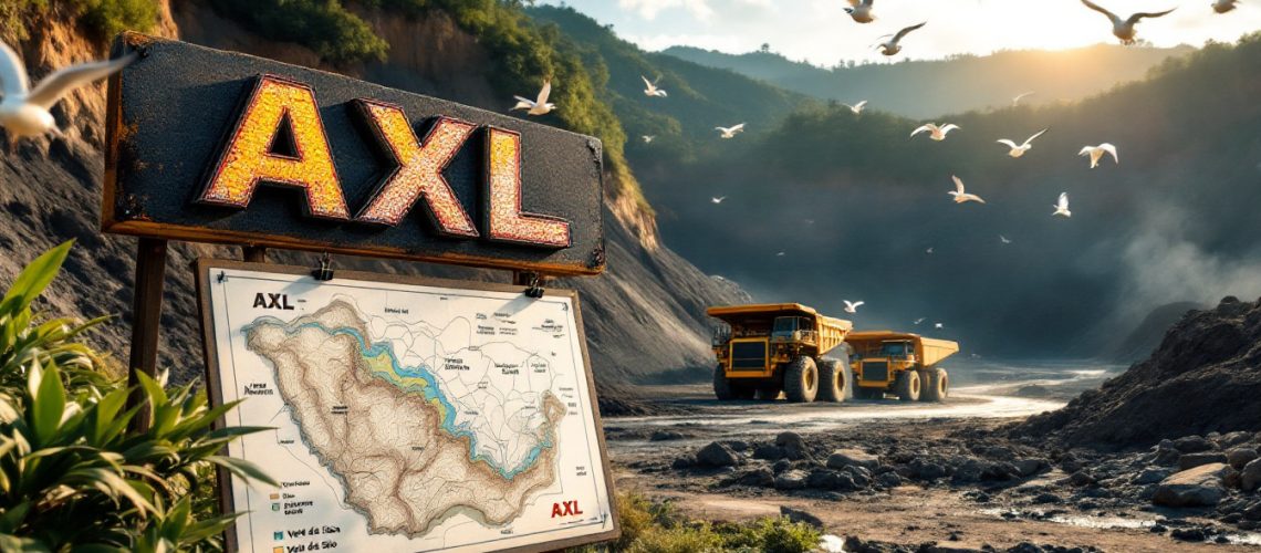 Axel Ree Ltd-AXL-Sign with "AXL" near dump trucks on a rocky road; mountains and birds in the background.