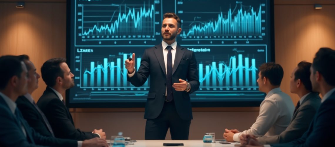 Man in a suit presenting graphs to a business meeting in a conference room.