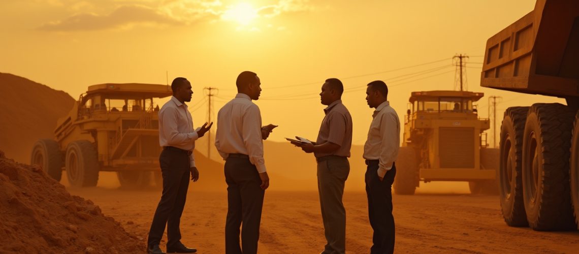 Four men in dress shirts converse on a dusty construction site at sunset, surrounded by machinery.