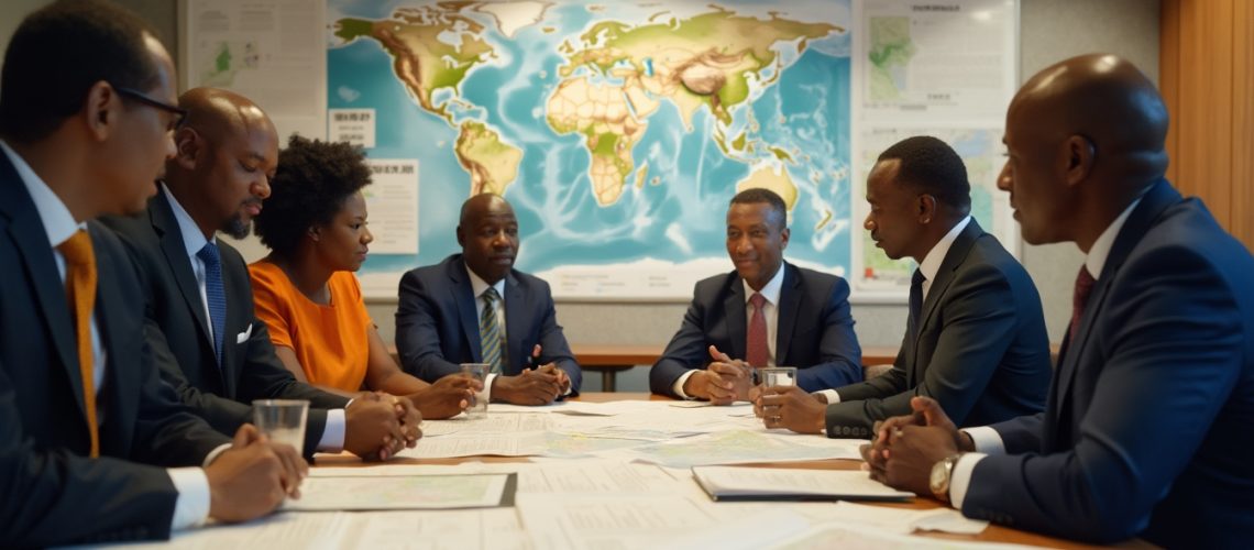 Seven professionals in a business meeting, discussing documents, with a world map in the background.