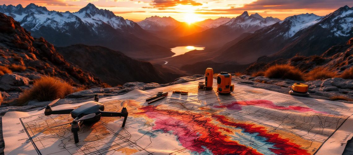 Battery Age Minerals Ltd-BM8-Drone and equipment on colorful map, overlooking mountains at sunset.