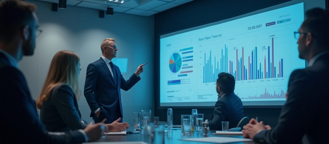 Business meeting with a presenter showing data charts on a screen to a group of professionals.