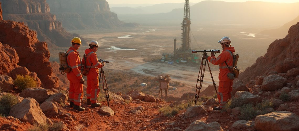 Engineers surveying remote drilling site.