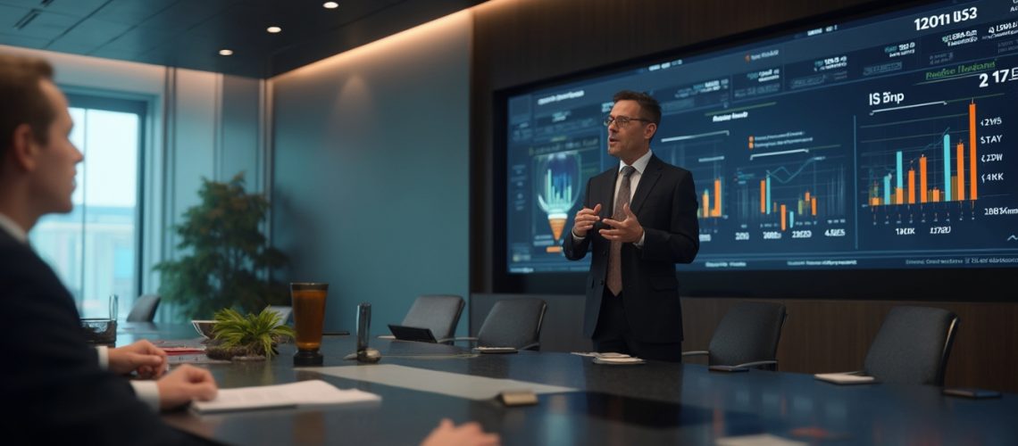 Businessman presents data charts in a sleek conference room meeting.