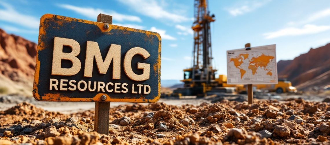 BMG Resources Ltd-BMG-BMG Resources Ltd sign in a desert with a drilling rig and map in the background.