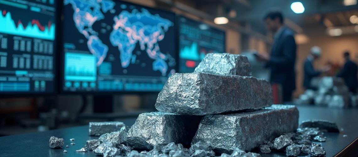 Silver bars on a table with financial data screens in the background.