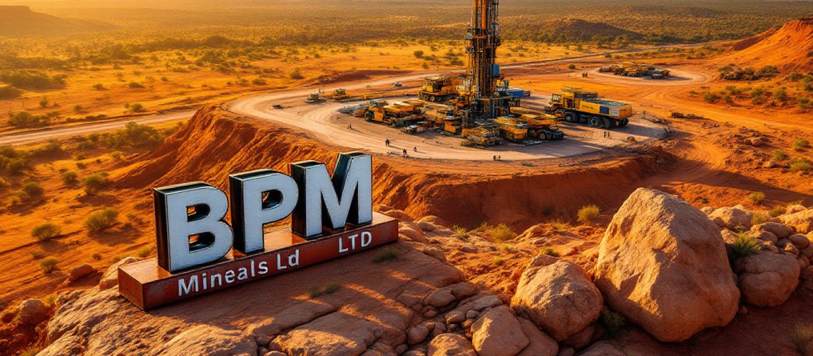 BPM Minerals Ltd-BPM-Desert landscape with a large mining operation and a sign reading "BPM Minerals Ltd."