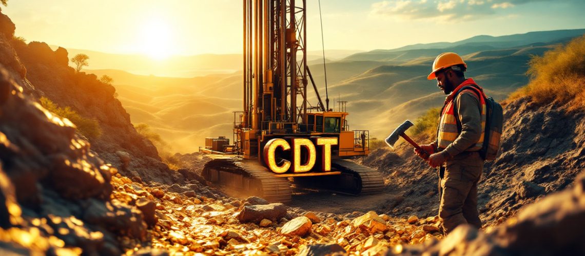 Castle Minerals Ltd-CDT-Miner examining rocks near a drilling rig with "CDT" text, under a bright sunset sky.