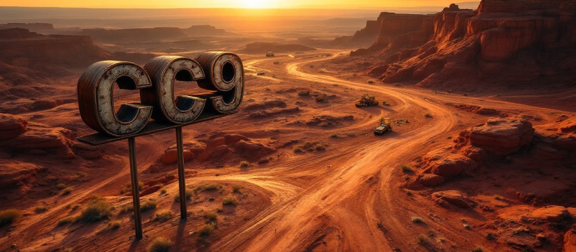 Chariot Corporation Ltd-CC9-Vast desert landscape with a rusted "cc9" sign and winding dirt road at sunset.