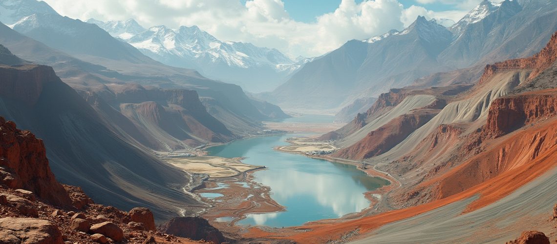 Mountainous landscape with a turquoise river winding through red and gray rocky terrain under a blue sky.