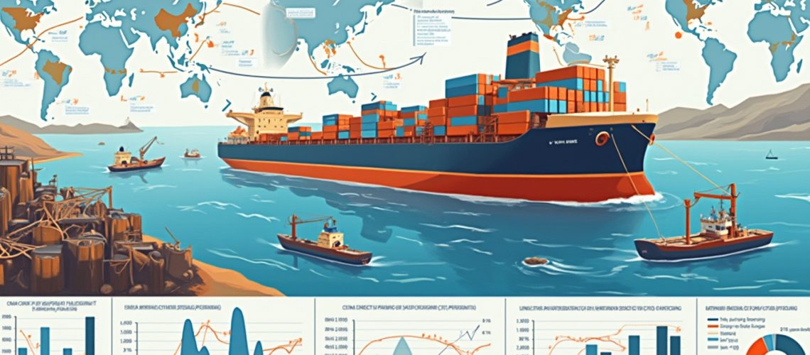 Illustration of a container ship, trade routes, and graphs depicting global shipping data for 2024.