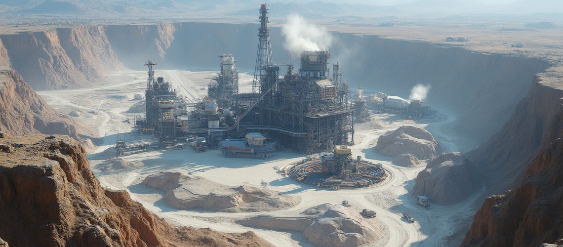 Industrial complex nestled in a vast desert landscape with mountains in the background.