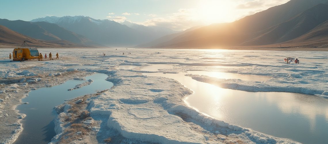 Sunlit snowy landscape with mountains, scientists, and a yellow vehicle by reflective water pools.