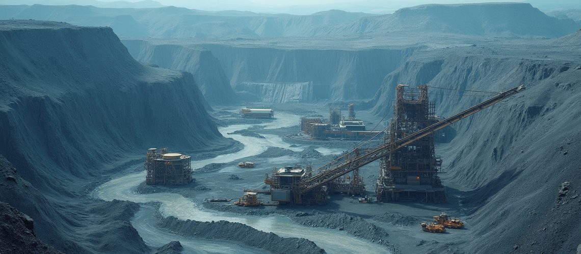 Mining landscape with large machinery, surrounded by steep rock formations under a cloudy sky.