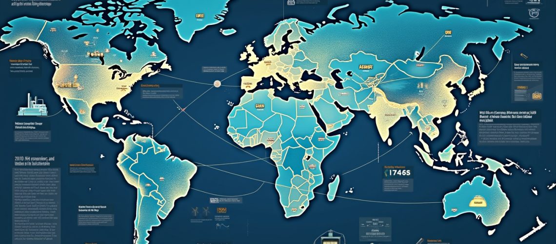 World map illustrating global battery connections and distribution with infographics and data points.